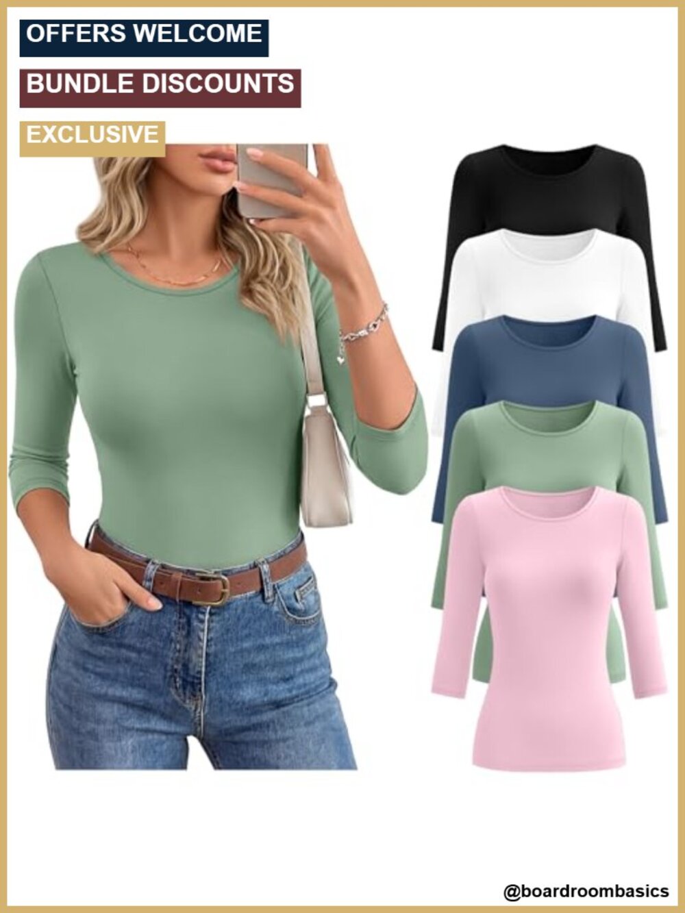 5 Pack Women's 3/4 Sleeve Cotton Blend Tops Round Neck Slim Fit Casual
